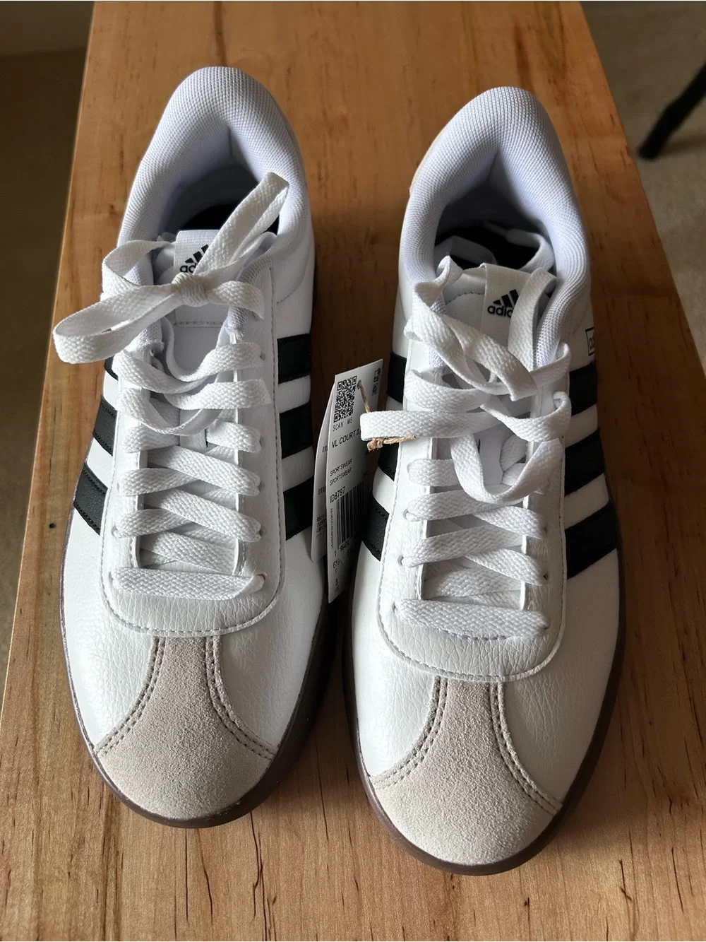 adidas White Leather Sneakers with Black Stripes and Brown Sole - Picture 3 of 4